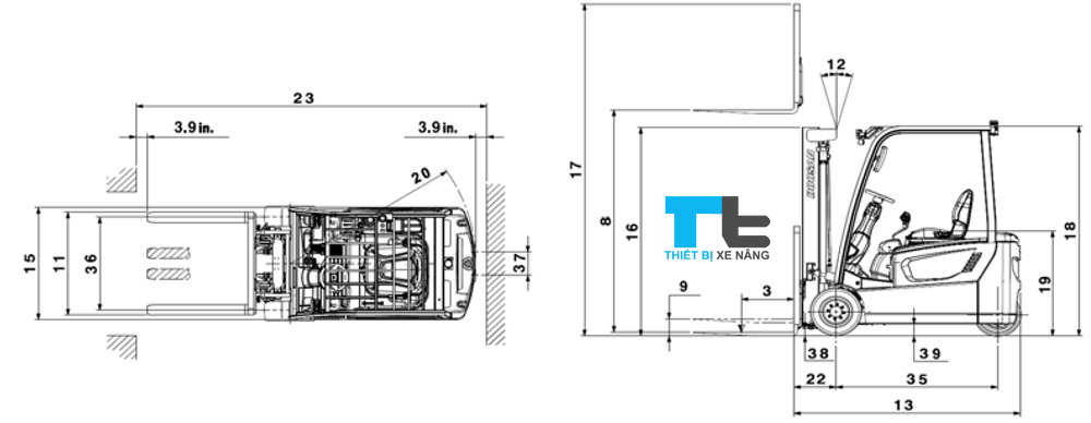 Hình vẽ tổng thể xe nâng điện 1.8 tấn 3 bánh ngồi lái Doosan